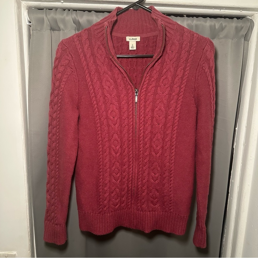 L.L. Bean Women's Preppy Zip-Up Burgundy Cotton Academia Cable Knit Sweater Sz S
